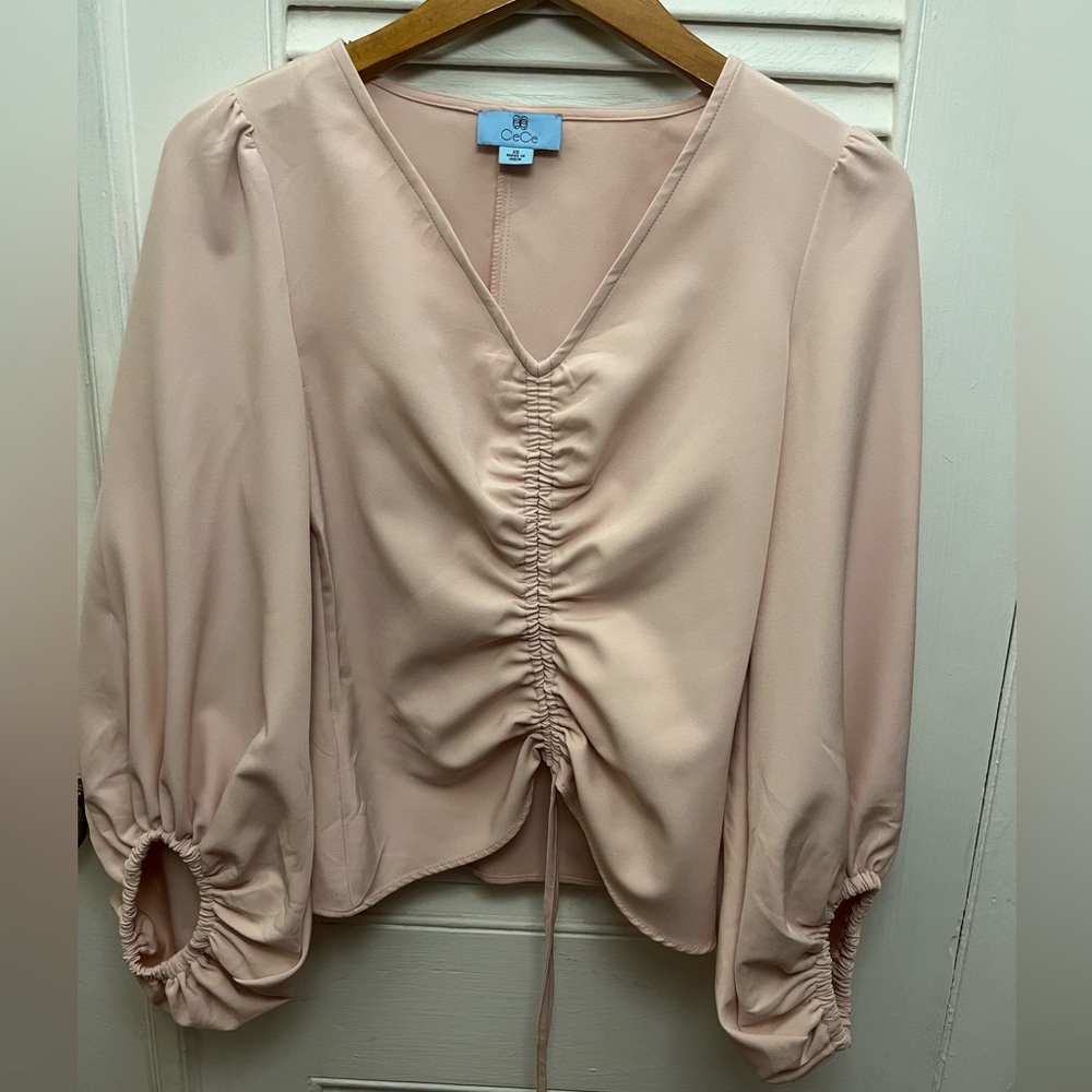CeCe Blush Pink Drawstring Ruched long sleeved Blouse. Size XS. EUC